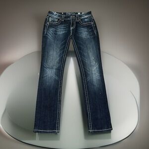 MISS ME Dark Wash Denim Straight Leg W/Mid-Rise Leather Animal Print Cross Jeans